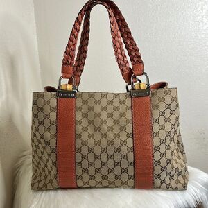 Gucci Beige Monogram Canvas Tote with Brown Leather Trim